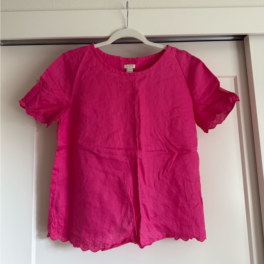 J. Crew Pink Blouse top Short Sleeves Casual linen scalloped 6